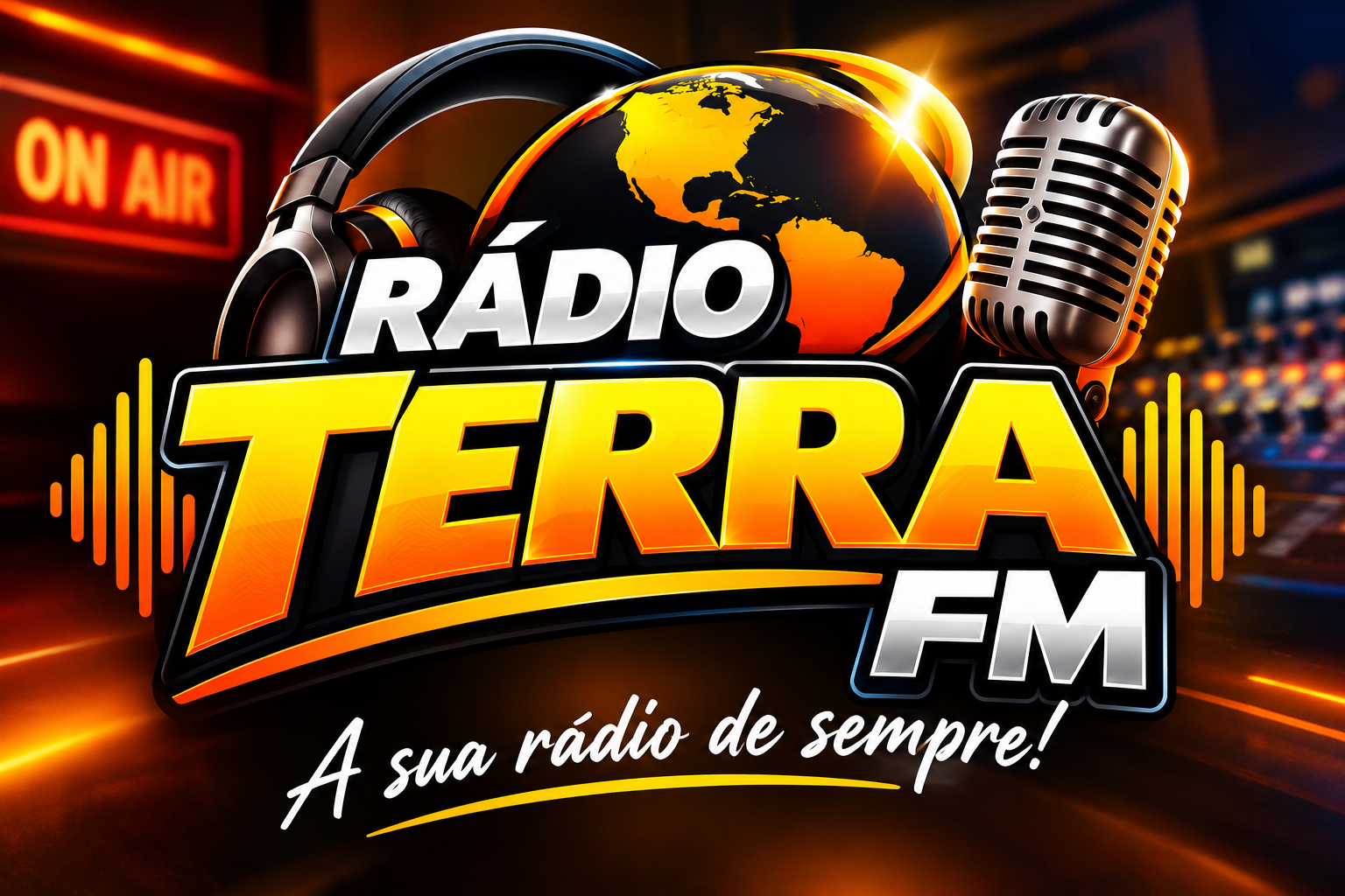 Logo Rádio Terra FM com microfone, fones e globo